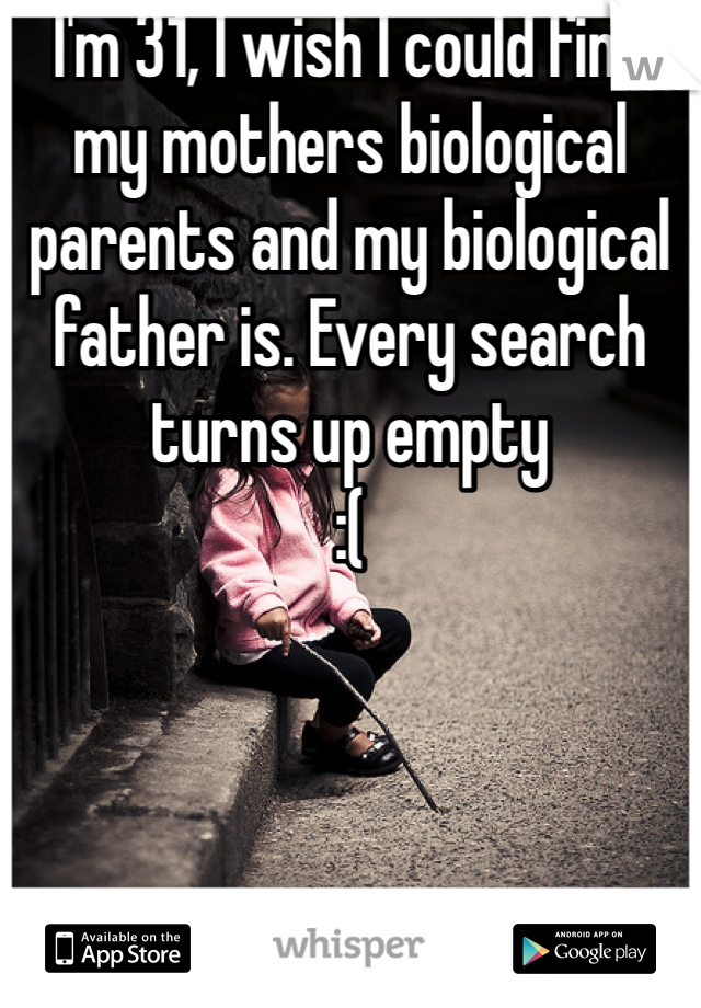I'm 31, I wish I could find my mothers biological parents and my biological father is. Every search turns up empty
:(