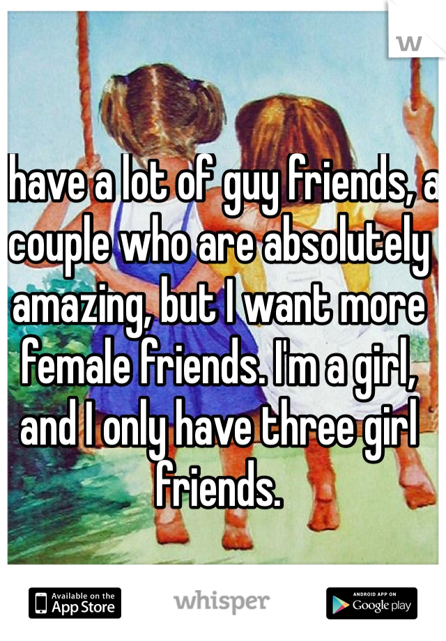 I have a lot of guy friends, a couple who are absolutely amazing, but I want more female friends. I'm a girl, and I only have three girl friends. 