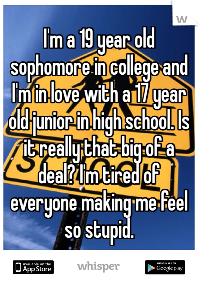 I'm a 19 year old sophomore in college and I'm in love with a 17 year old junior in high school. Is it really that big of a deal? I'm tired of everyone making me feel so stupid. 