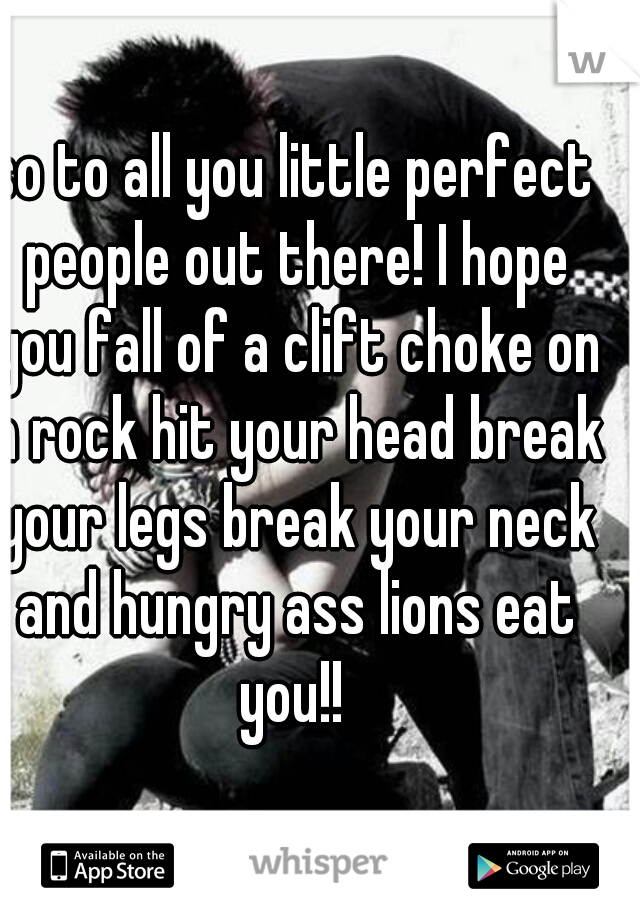 so to all you little perfect people out there! I hope you fall of a clift choke on a rock hit your head break your legs break your neck and hungry ass lions eat you!! 
