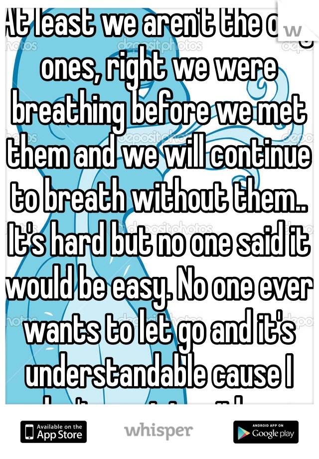 At least we aren't the only ones, right we were breathing before we met them and we will continue to breath without them.. It's hard but no one said it would be easy. No one ever wants to let go and it's understandable cause I don't want to either.