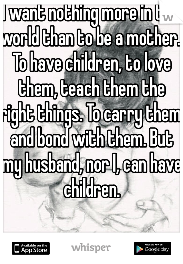 I want nothing more in this world than to be a mother. To have children, to love them, teach them the right things. To carry them and bond with them. But my husband, nor I, can have children. 