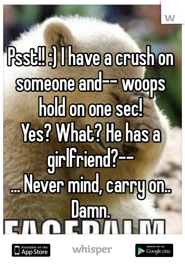 Psst!! :) I have a crush on someone and-- woops hold on one sec!
Yes? What? He has a girlfriend?--
... Never mind, carry on..
Damn.