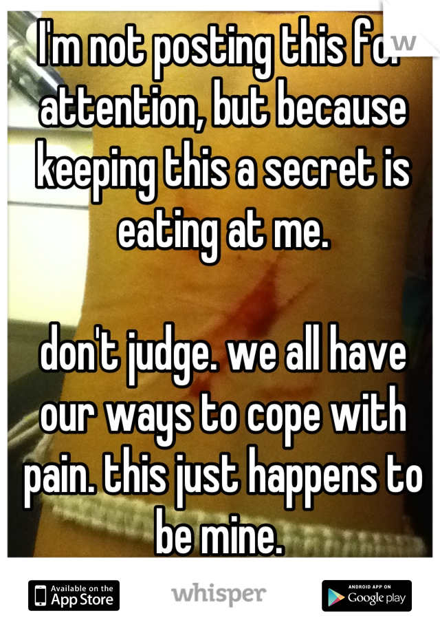 I'm not posting this for attention, but because keeping this a secret is eating at me. 

don't judge. we all have our ways to cope with pain. this just happens to be mine. 