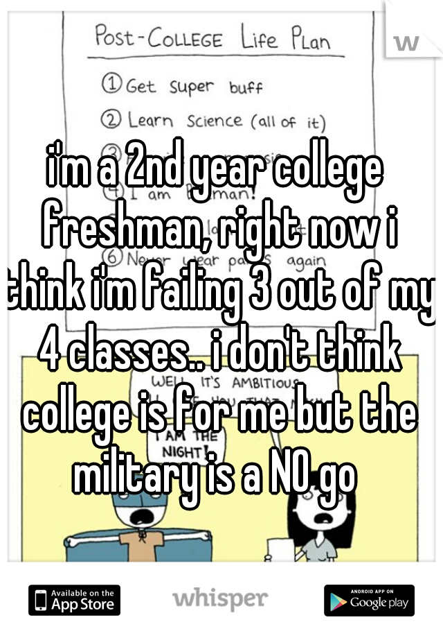 i'm a 2nd year college freshman, right now i think i'm failing 3 out of my 4 classes.. i don't think college is for me but the military is a NO go 