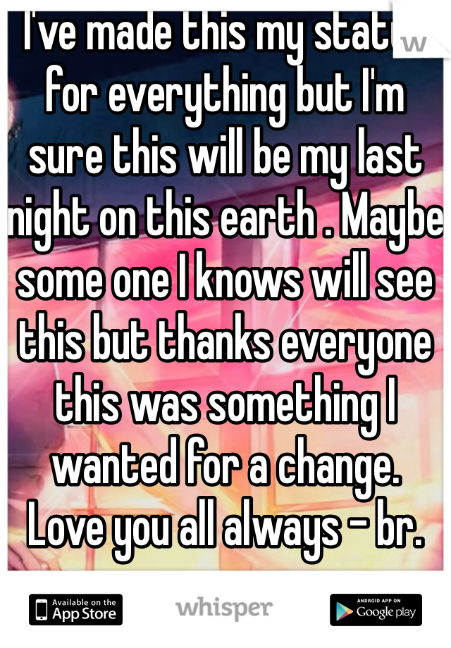 I've made this my status for everything but I'm  sure this will be my last night on this earth . Maybe some one I knows will see this but thanks everyone this was something I wanted for a change.
Love you all always - br. ro.