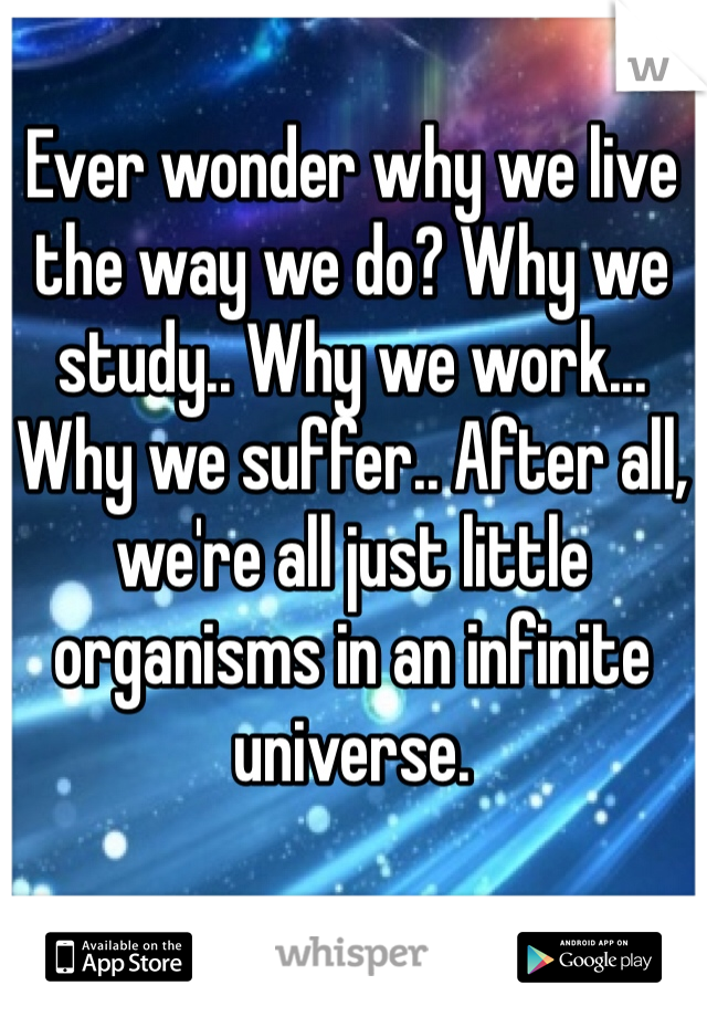Ever wonder why we live the way we do? Why we study.. Why we work... Why we suffer.. After all, we're all just little organisms in an infinite universe. 