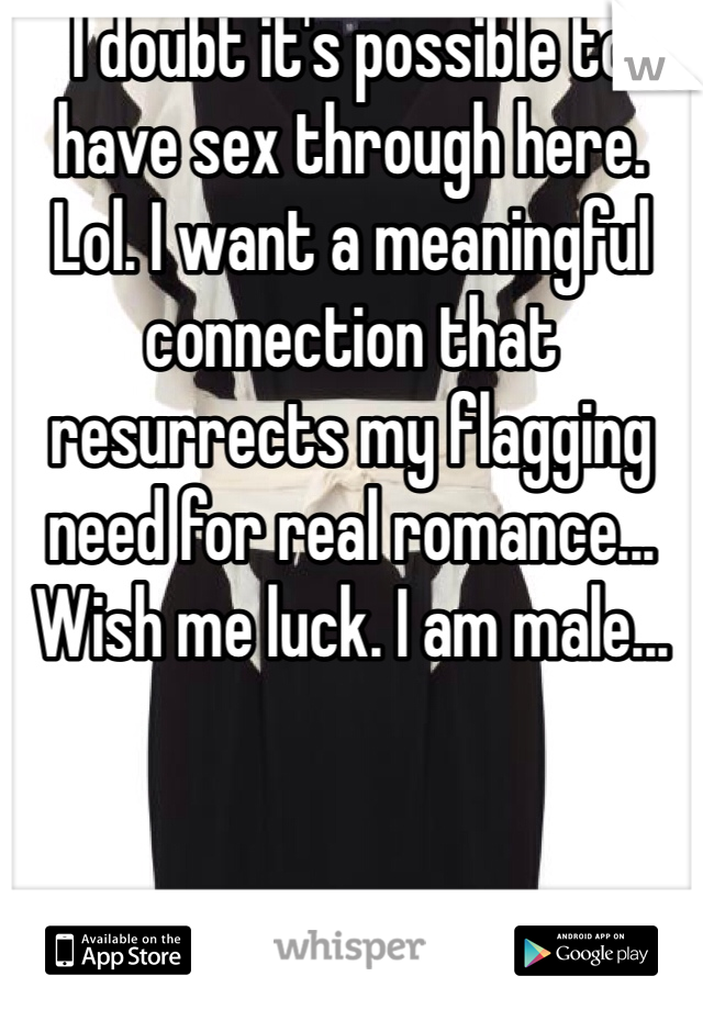 I doubt it's possible to have sex through here. Lol. I want a meaningful connection that resurrects my flagging need for real romance... Wish me luck. I am male...