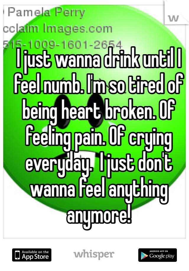 I just wanna drink until I feel numb. I'm so tired of being heart broken. Of feeling pain. Of crying everyday.  I just don't wanna feel anything anymore! 