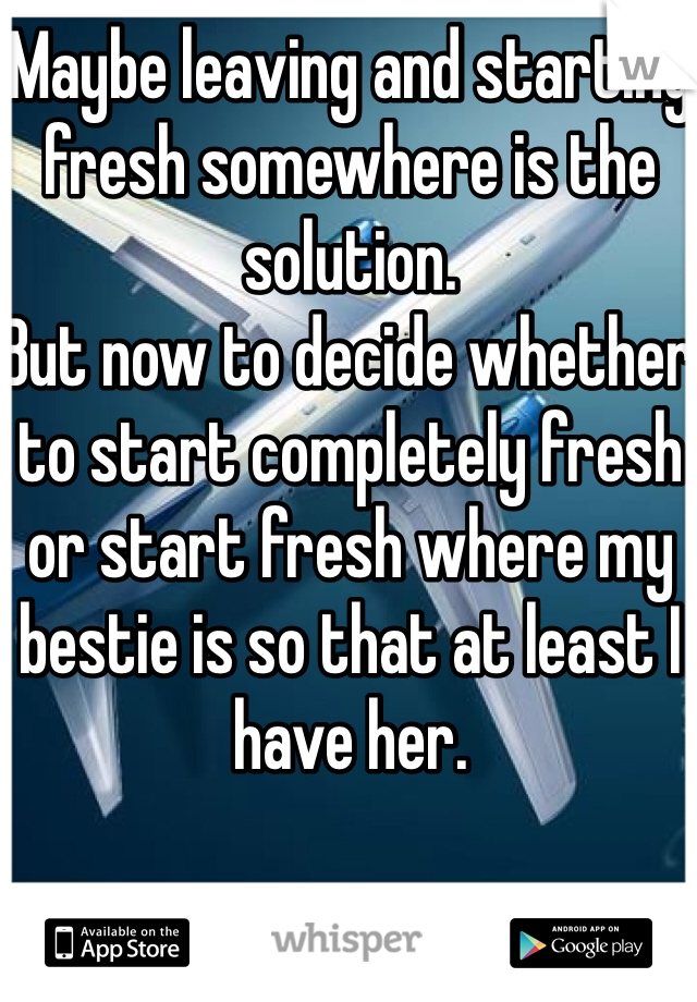Maybe leaving and starting fresh somewhere is the solution.
But now to decide whether to start completely fresh or start fresh where my bestie is so that at least I have her. 