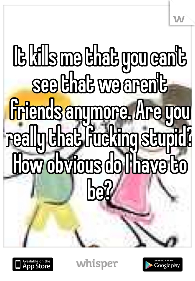 It kills me that you can't see that we aren't friends anymore. Are you really that fucking stupid?  How obvious do I have to be?