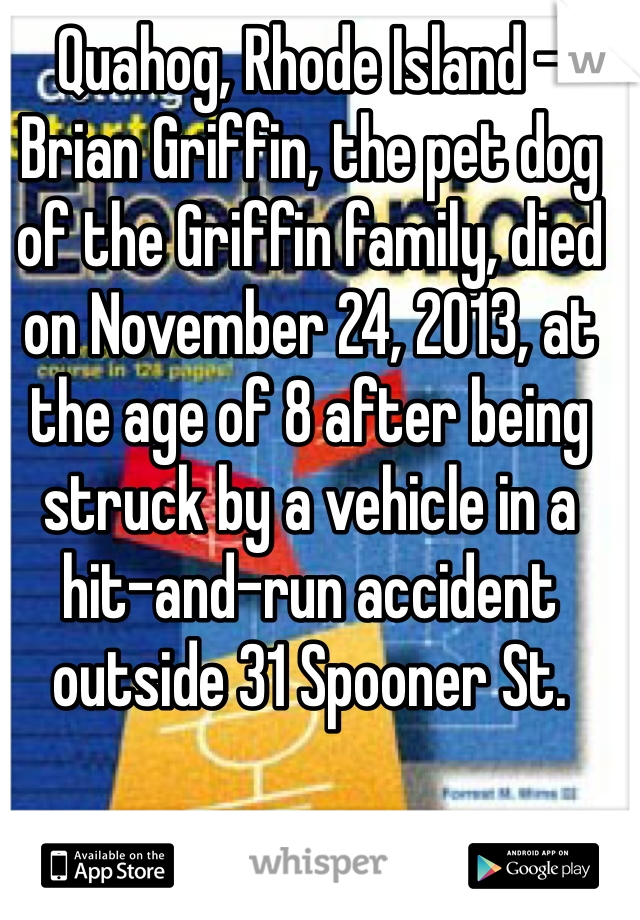 Quahog, Rhode Island – Brian Griffin, the pet dog of the Griffin family, died on November 24, 2013, at the age of 8 after being struck by a vehicle in a hit-and-run accident outside 31 Spooner St.

Born on a farm in Austin, Texas, Brian was taken away from his mother, Biscuit, as a very young pup. Making his way to Rhode Island, Brian attended Brown University before being picked up as a stray by Peter Griffin.

Family and friends were Brian’s life. Growing up with the Griffins' youngest child, Stewie, Brian constantly worked to challenge and expand the mind of the young boy. It was while helping wean Stewie off electronics that Brian was playing outside and met his unfortunate fate.