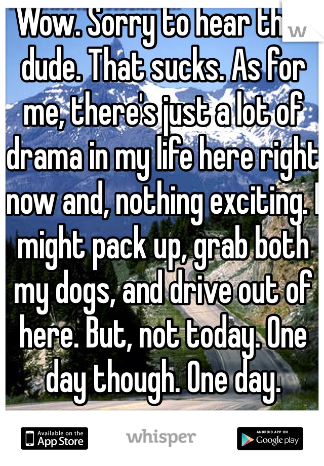 Wow. Sorry to hear that dude. That sucks. As for me, there's just a lot of drama in my life here right now and, nothing exciting. I might pack up, grab both my dogs, and drive out of here. But, not today. One day though. One day.