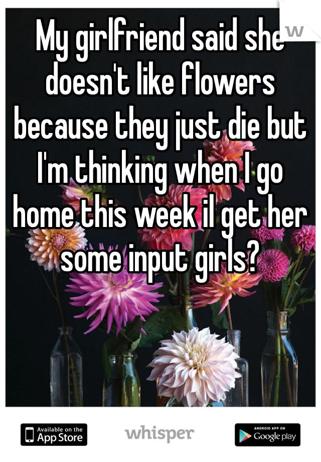 My girlfriend said she doesn't like flowers because they just die but I'm thinking when I go home this week il get her some input girls? 