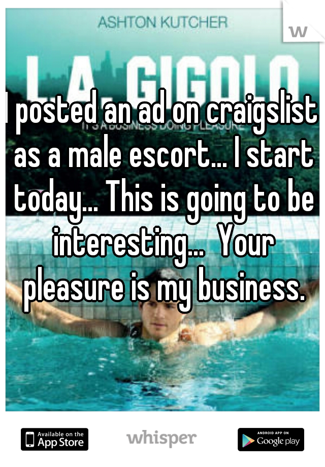 I posted an ad on craigslist as a male escort... I start today... This is going to be interesting...  Your pleasure is my business.
