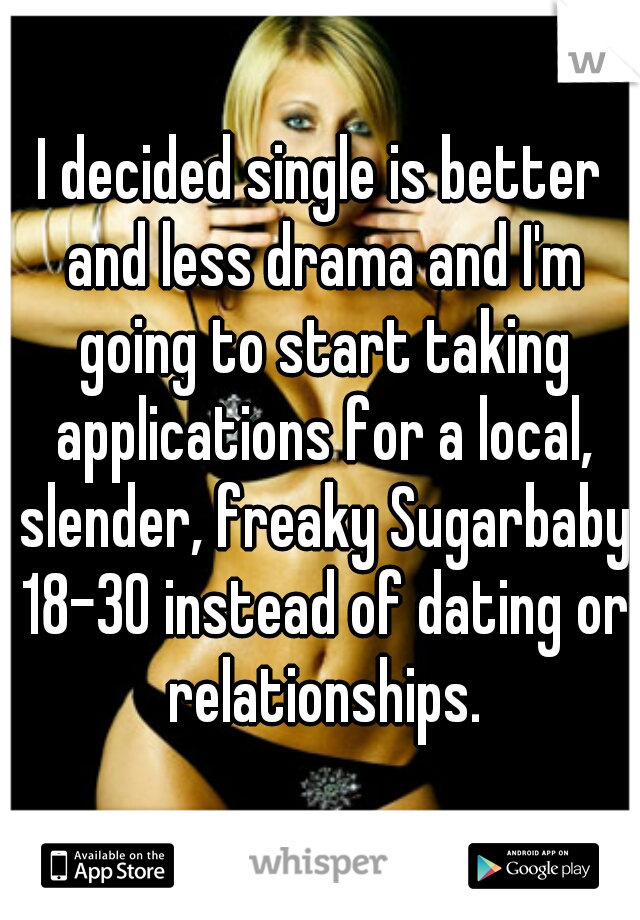 I decided single is better and less drama and I'm going to start taking applications for a local, slender, freaky Sugarbaby 18-30 instead of dating or relationships.