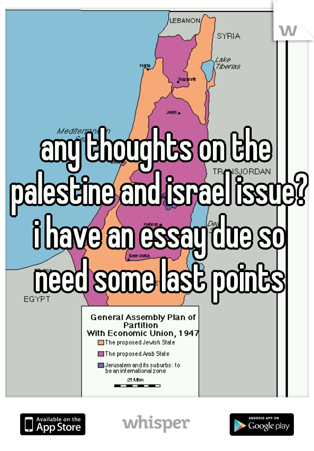any thoughts on the palestine and israel issue? i have an essay due so need some last points