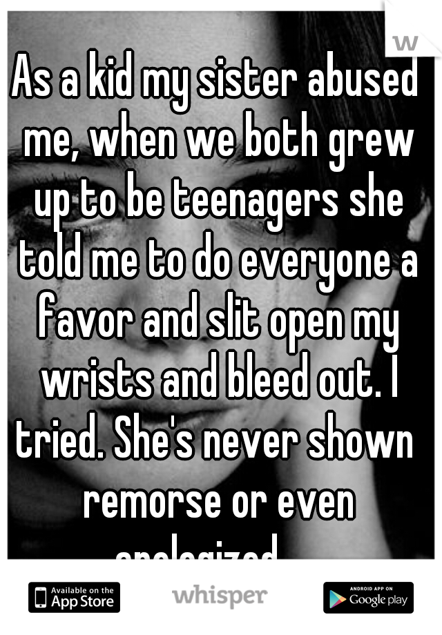 As a kid my sister abused me, when we both grew up to be teenagers she told me to do everyone a favor and slit open my wrists and bleed out. I tried. She's never shown  remorse or even apologized     