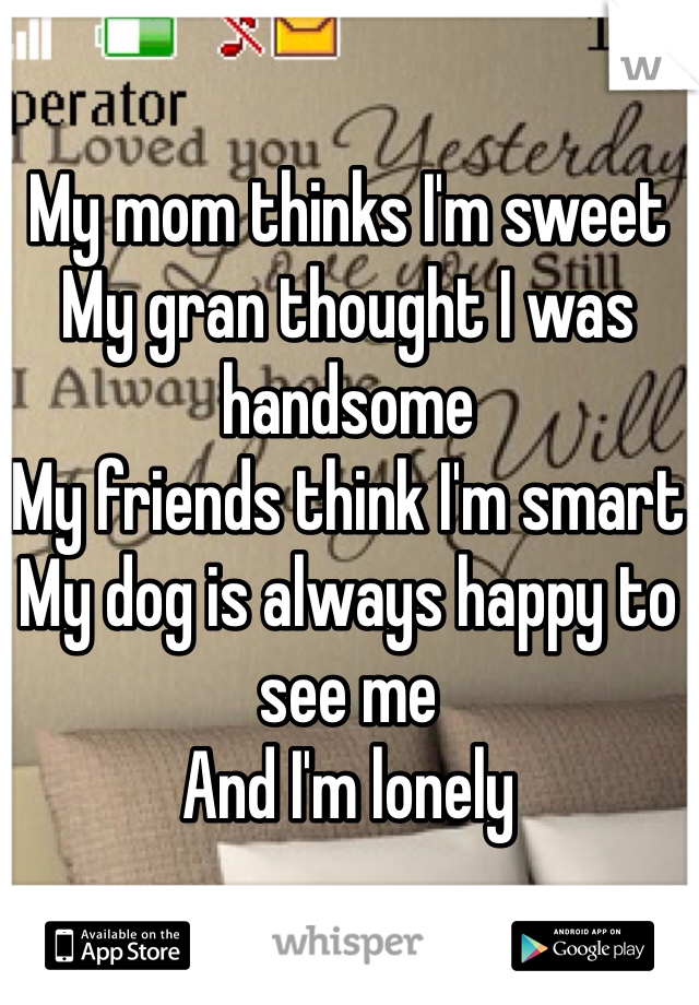 My mom thinks I'm sweet
My gran thought I was handsome
My friends think I'm smart
My dog is always happy to see me
And I'm lonely