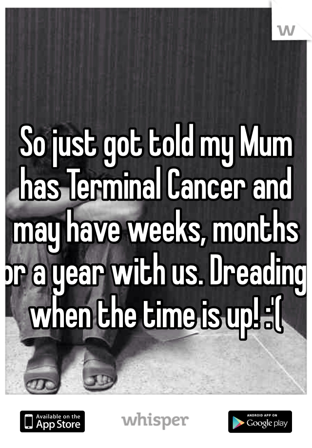 So just got told my Mum
has Terminal Cancer and may have weeks, months or a year with us. Dreading when the time is up! :'(