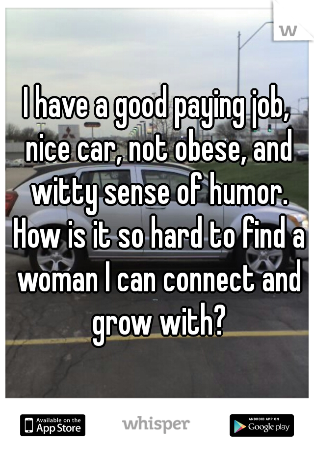 I have a good paying job, nice car, not obese, and witty sense of humor. How is it so hard to find a woman I can connect and grow with?