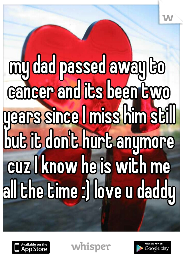 my dad passed away to cancer and its been two years since I miss him still but it don't hurt anymore cuz I know he is with me all the time :) love u daddy