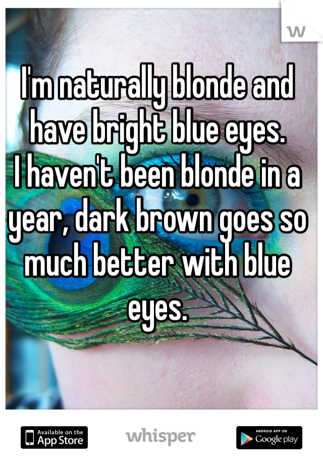 I'm naturally blonde and have bright blue eyes.
I haven't been blonde in a year, dark brown goes so much better with blue eyes.