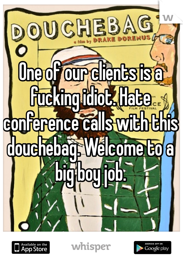 One of our clients is a fucking idiot. Hate conference calls with this douchebag. Welcome to a big boy job.