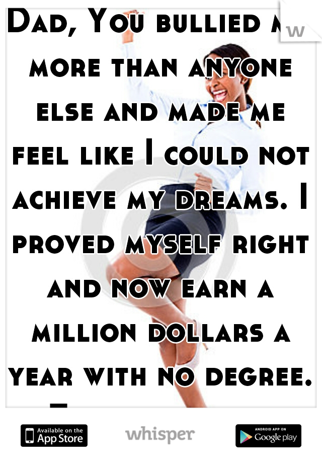 Dad, You bullied me more than anyone else and made me feel like I could not achieve my dreams. I proved myself right and now earn a million dollars a year with no degree. Thanks for the motivation.