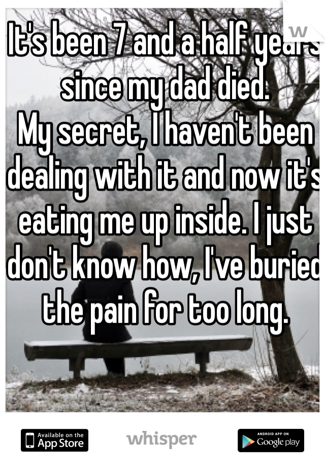 It's been 7 and a half years since my dad died. 
My secret, I haven't been dealing with it and now it's eating me up inside. I just don't know how, I've buried the pain for too long.