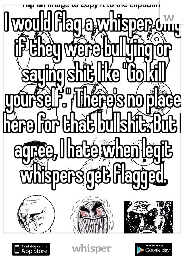 I would flag a whisper only if they were bullying or saying shit like "Go kill yourself." There's no place here for that bullshit. But I agree, I hate when legit whispers get flagged.