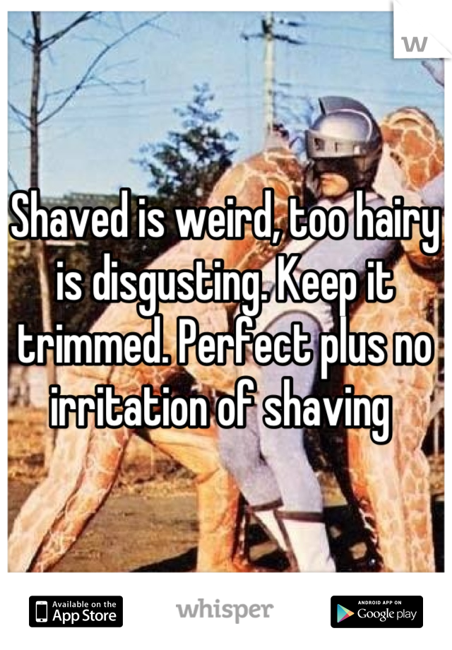 Shaved is weird, too hairy is disgusting. Keep it trimmed. Perfect plus no irritation of shaving 