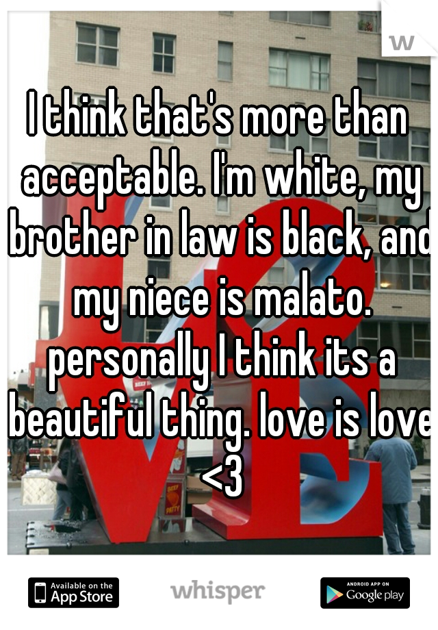 I think that's more than acceptable. I'm white, my brother in law is black, and my niece is malato. personally I think its a beautiful thing. love is love <3