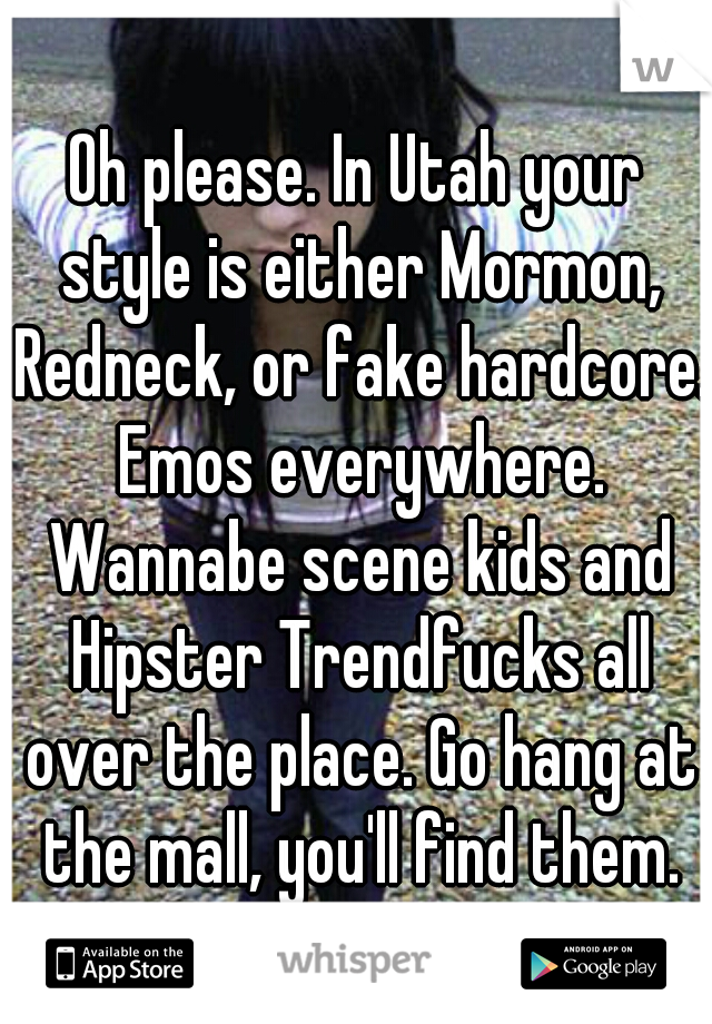 Oh please. In Utah your style is either Mormon, Redneck, or fake hardcore. Emos everywhere. Wannabe scene kids and Hipster Trendfucks all over the place. Go hang at the mall, you'll find them.