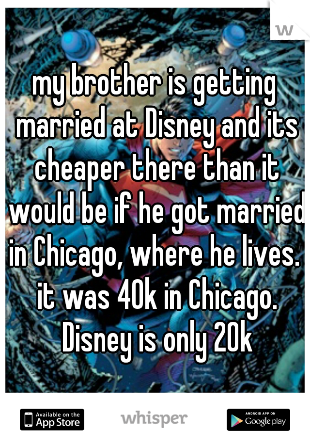 my brother is getting married at Disney and its cheaper there than it would be if he got married in Chicago, where he lives.  it was 40k in Chicago. Disney is only 20k