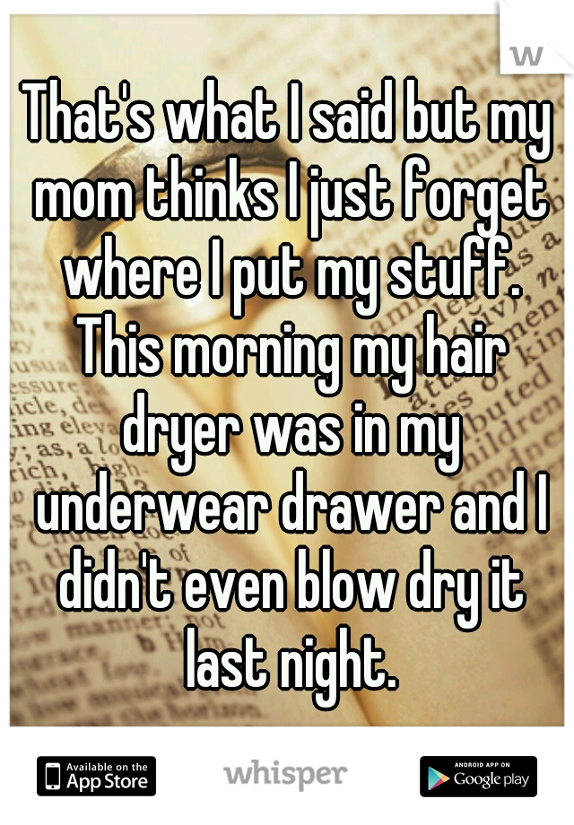 That's what I said but my mom thinks I just forget where I put my stuff. This morning my hair dryer was in my underwear drawer and I didn't even blow dry it last night.