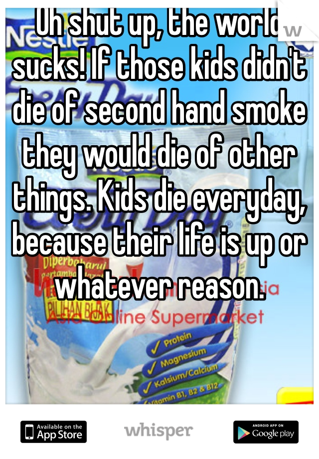 Oh shut up, the world sucks! If those kids didn't die of second hand smoke they would die of other things. Kids die everyday, because their life is up or whatever reason. 