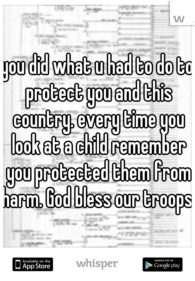 you did what u had to do to protect you and this country. every time you look at a child remember you protected them from harm. God bless our troops. 