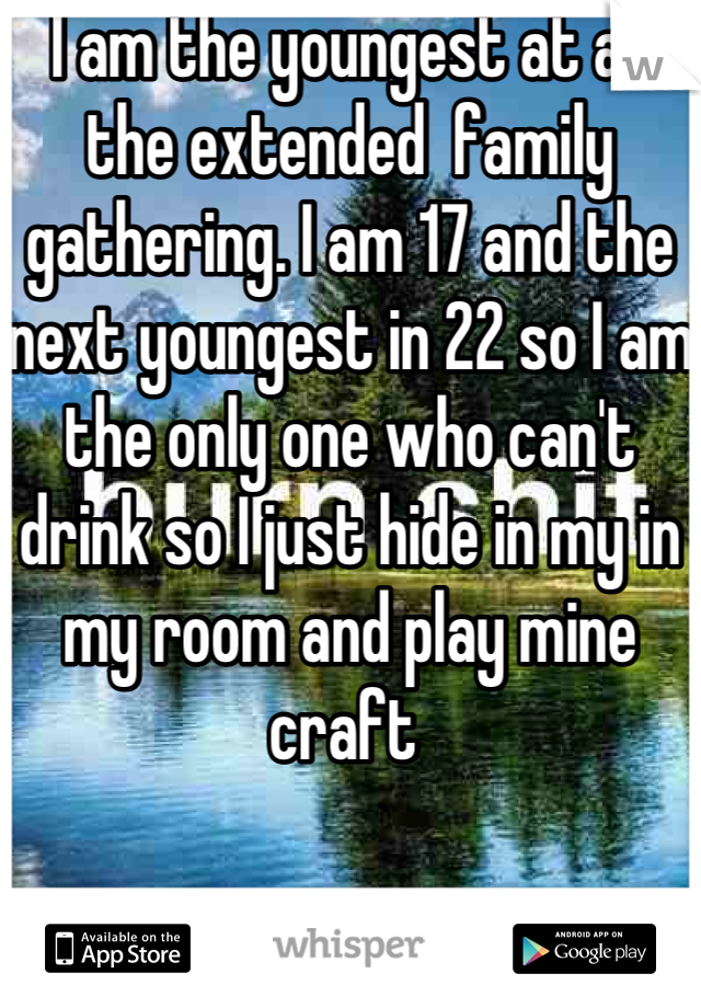 I am the youngest at all the extended  family gathering. I am 17 and the next youngest in 22 so I am the only one who can't drink so I just hide in my in my room and play mine craft 