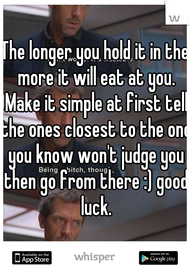 The longer you hold it in the more it will eat at you. Make it simple at first tell the ones closest to the one you know won't judge you then go from there :) good luck.