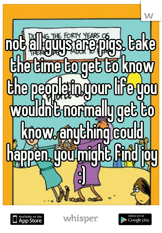 not all guys are pigs. take the time to get to know the people in your life you wouldn't normally get to know. anything could happen. you might find joy :)