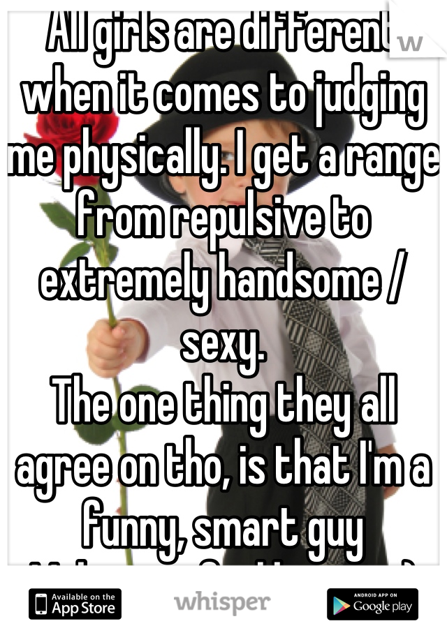 All girls are different when it comes to judging me physically. I get a range from repulsive to extremely handsome / sexy. 
The one thing they all agree on tho, is that I'm a funny, smart guy
Makes me feel better :)