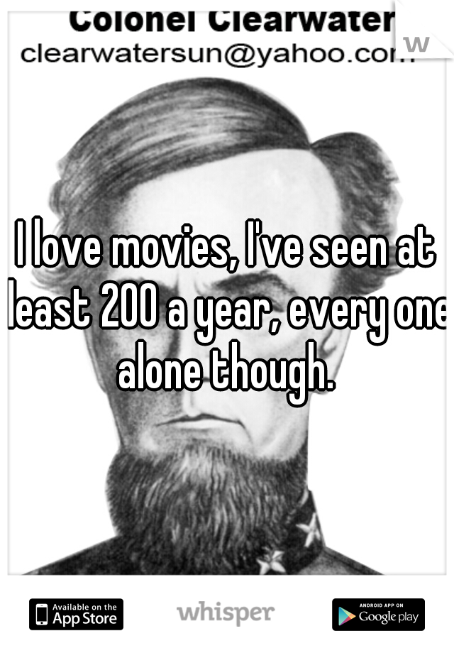 I love movies, I've seen at least 200 a year, every one alone though. 