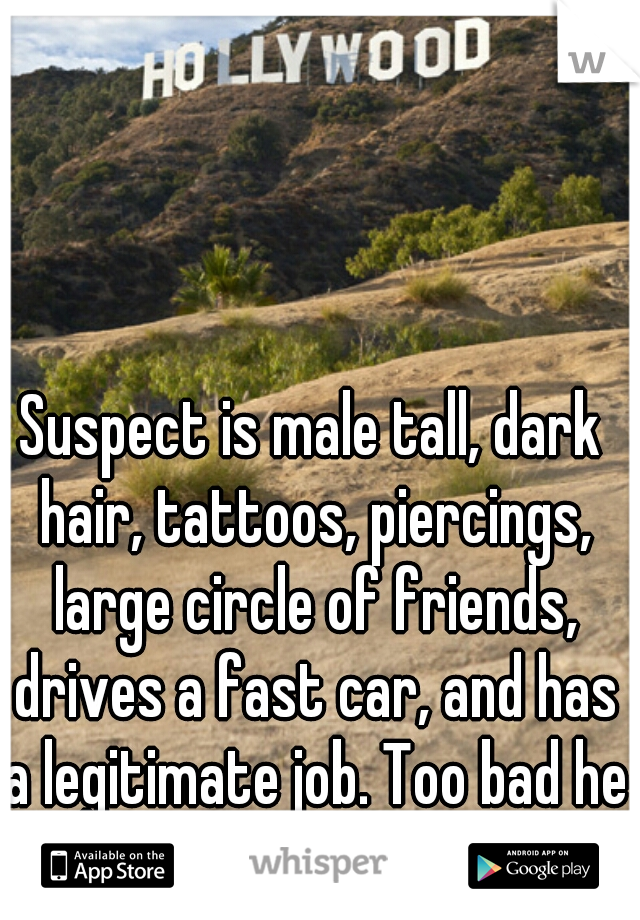 Suspect is male tall, dark hair, tattoos, piercings, large circle of friends, drives a fast car, and has a legitimate job. Too bad he only exists in movies... 