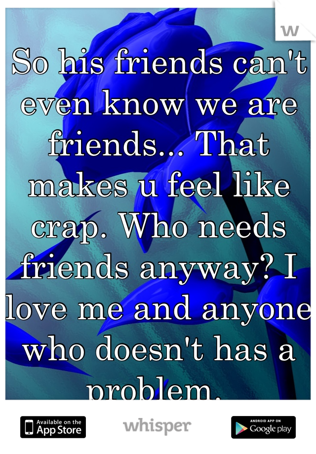 So his friends can't even know we are friends... That makes u feel like crap. Who needs friends anyway? I love me and anyone who doesn't has a problem. 