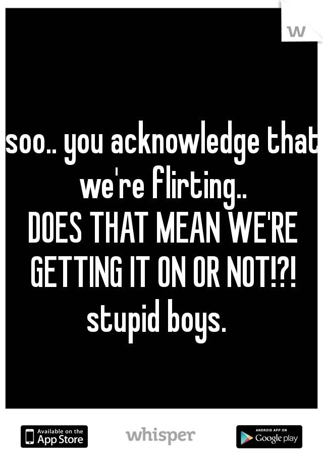 soo.. you acknowledge that we're flirting.. 
DOES THAT MEAN WE'RE GETTING IT ON OR NOT!?! 
stupid boys.  