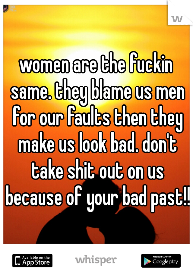women are the fuckin same. they blame us men for our faults then they make us look bad. don't take shit out on us because of your bad past!!