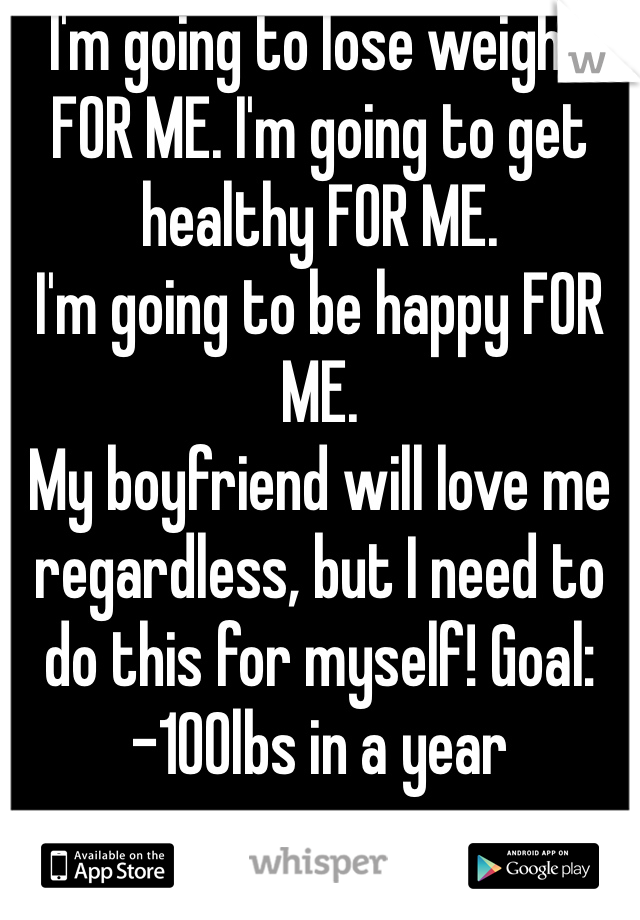I'm going to lose weight FOR ME. I'm going to get healthy FOR ME. 
I'm going to be happy FOR ME.
My boyfriend will love me regardless, but I need to do this for myself! Goal: -100lbs in a year