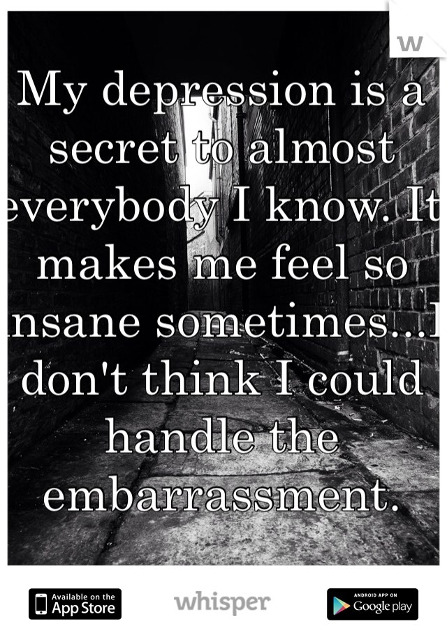 My depression is a secret to almost everybody I know. It makes me feel so insane sometimes...I don't think I could handle the embarrassment.