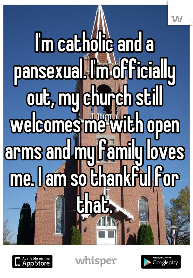 I'm catholic and a pansexual. I'm officially out, my church still welcomes me with open arms and my family loves me. I am so thankful for that.